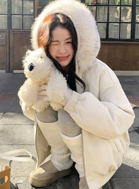 大毛领连帽座山雕棉服黑色毛领棉服男女宽松加厚棉衣外套冬季保暖