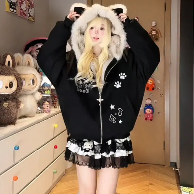 可爱kt刺绣猫耳朵连帽棉服女秋冬宽松休闲慵懒风夹棉加厚毛绒外套,女装/女士精品,棉衣/棉服,淘宝优惠券,粉丝福利购,淘宝优惠卷