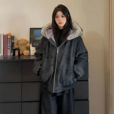 美式黑色座山雕毛领皮衣棉服