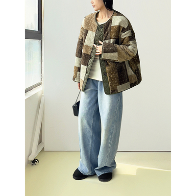 （2色）Plain Sight藏蓝、卡其仿拼布印花羊羔绒双面穿着圆领棉服