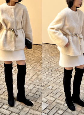 早鸟价 Plain Sight 西班牙Ladoma白色直毛拉贡两面穿束腰外套