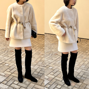 早鸟价 Plain Sight 西班牙Ladoma白色直毛拉贡两面穿束腰外套