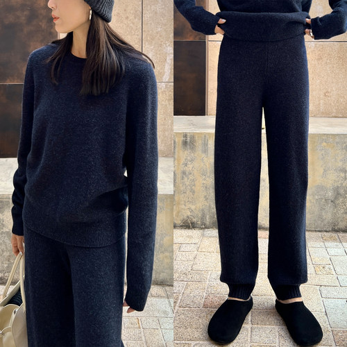 Plain Sight 意大利Z*gna藏蓝初剪羊毛圆领毛衣/针织裤套装