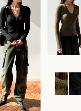 (2色) Plain Sight 黑、卡其V领羊毛抽条针织开衫