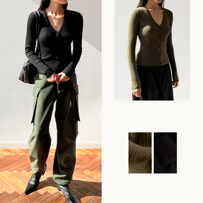 8折 (2色) Plain Sight 黑、卡其V领羊毛抽条针织开衫