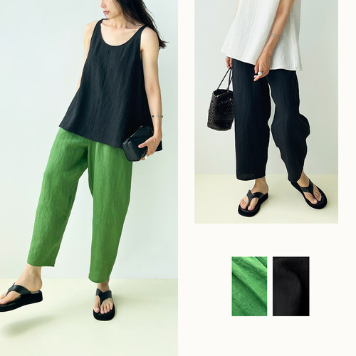 苎麻松紧腰9分裤拖地裤