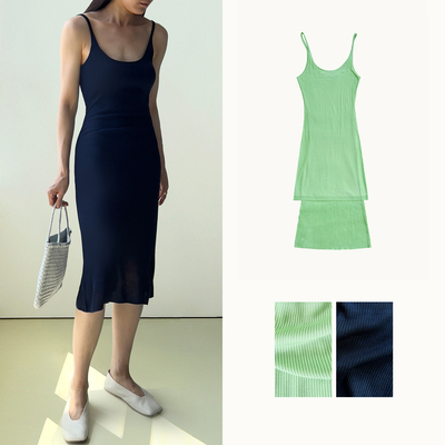 （2色）Plain Sight 薄荷绿，藏蓝真丝吊带针织背心连衣裙