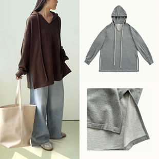 Sight 2色 Plain 浅麻灰棉质连帽侧开衩宽松卫衣 巧克力色