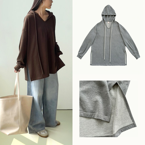 （2色）Plain Sight 巧克力色、浅麻灰棉质连帽侧开衩宽松卫衣