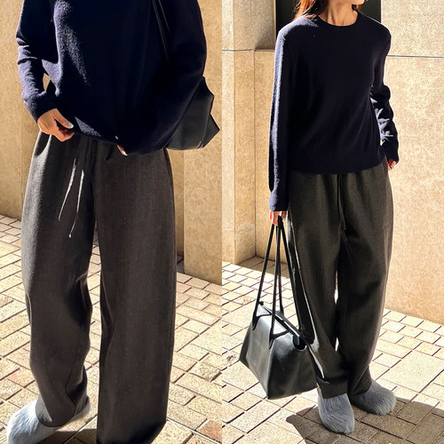 Plain Sight 深炭灰色暗人字纹羊毛萝卜裤