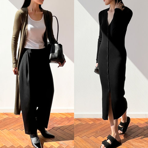 限时福利｜Plain Sight 黑、卡其V领羊毛抽条长款针织连衣裙