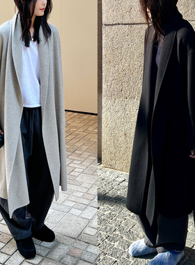 (2色)Plain Sight 纯羊绒双面呢青果领长款束腰大衣