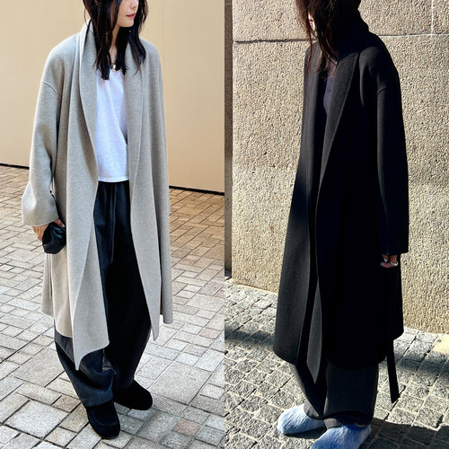 (2色)Plain Sight 纯羊绒双面呢青果领长款束腰大衣