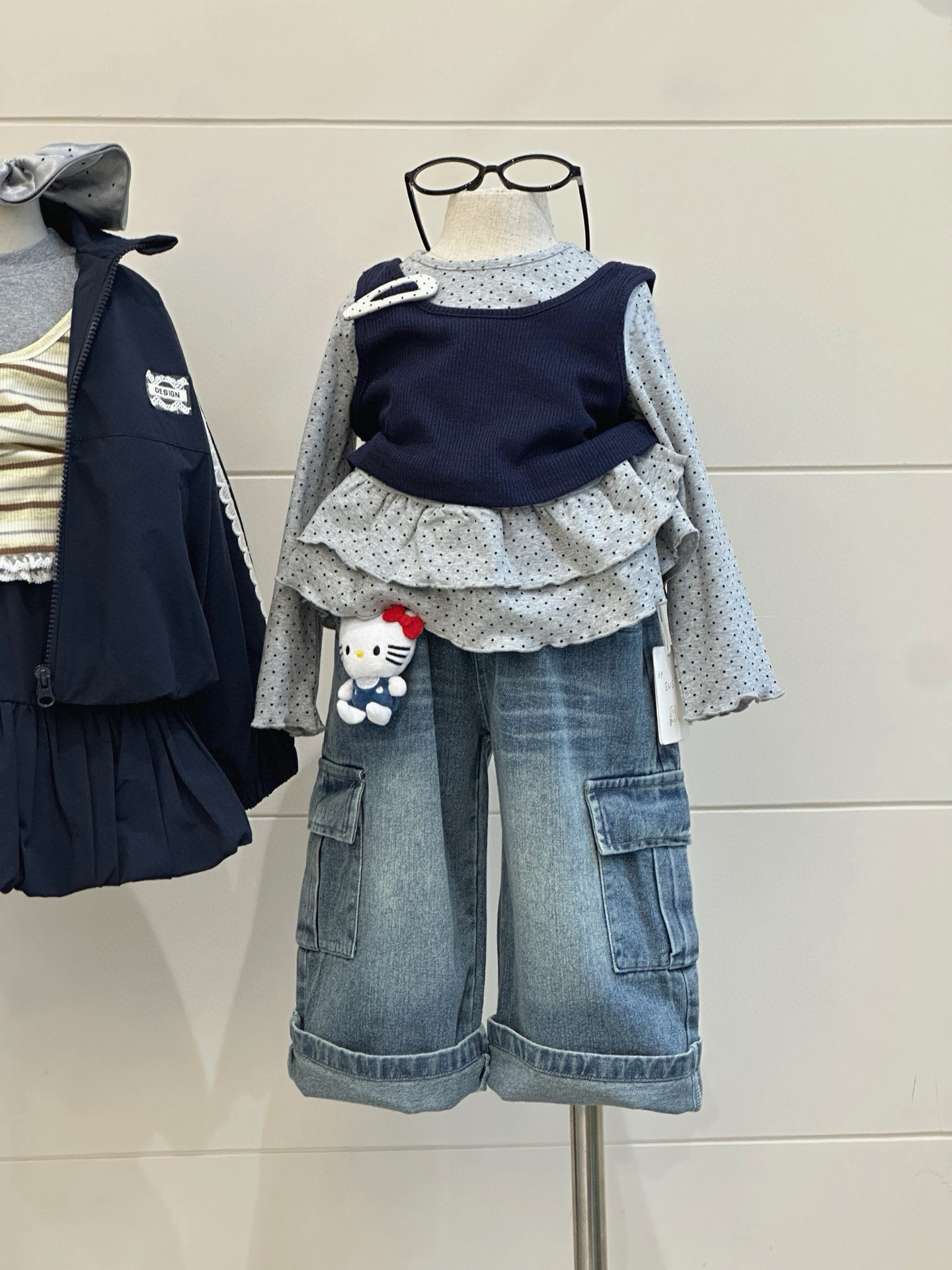 女童长袖T恤叠穿套装秋装2025女宝吊带背心+波点打底衫上衣两件套