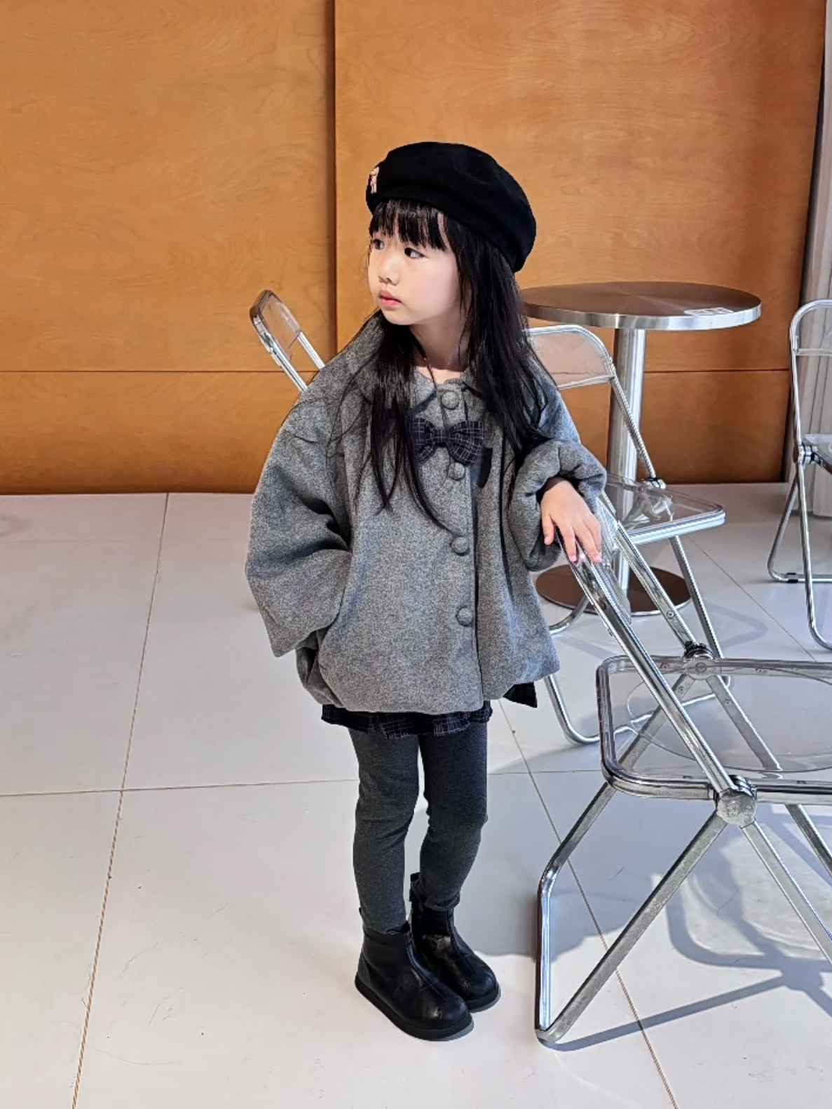 女童毛呢外套秋冬2024女童格子拼接学院风假两件外套加厚呢子大衣