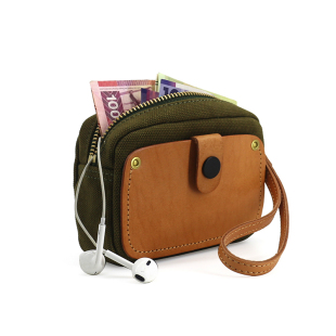 日韩新品 帆布收纳包植鞣牛皮手腕带手拿包化妆包迷你零钱包卡包潮