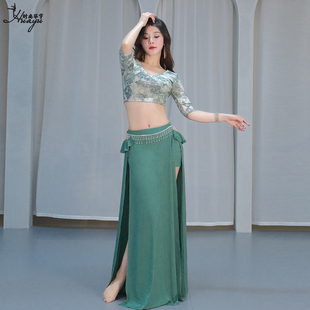 东方舞团体表演舞蹈服 印花撞色性感显瘦套装 肚皮舞服装 练功服新款