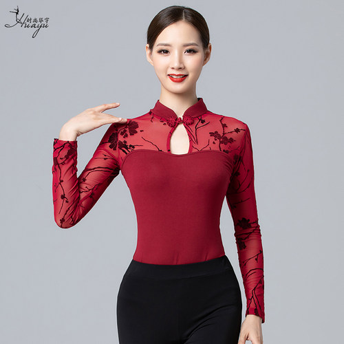 形体服立领印花现代舞练功服上衣