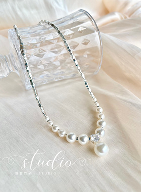 （逆天美貌）施家强光珍珠碎银博主推荐轻奢INS小众锁骨链项链
