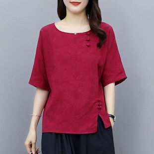 棉麻中国风短袖t恤女士夏季新款宽松显瘦大码百搭文艺提花上衣女