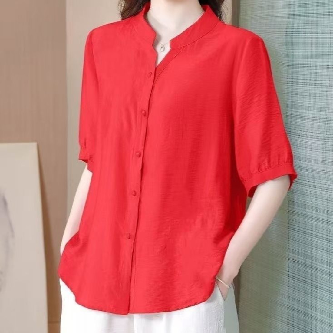 夏季棉感中式宽松大码妈妈衬衫
