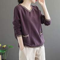 Artistic and retro V-neck long-sleeved cotton yarn long-sleeved T-shirt for women, loose, slimming and versatile yellow pullover top for autumn and winter thumbnail 3