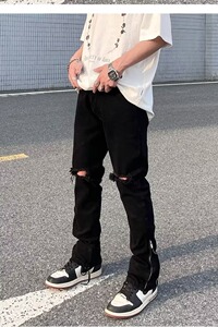 春秋美式高街hiphop拉链装饰直筒牛仔裤男ins潮牌小K6029P50图片