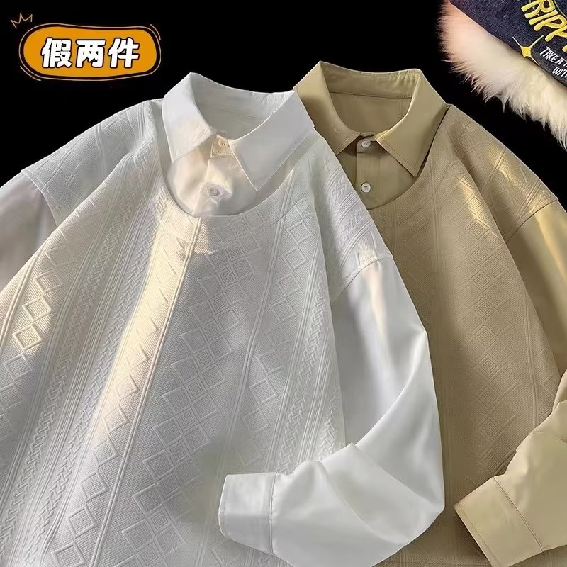 s15p50春季新款学院风休闲纯色套头拼接假两件男士宽松长袖衬衣图片