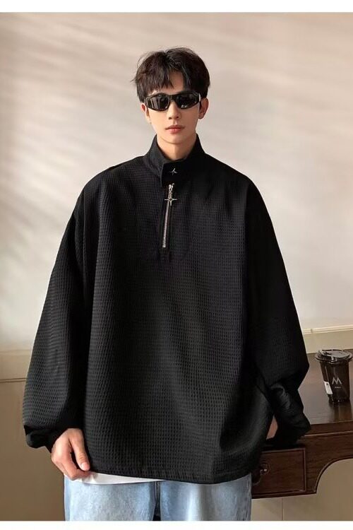 W01P40华夫格立领半拉链卫衣男ins小众设计感金属拉链宽松套头秋,男装卫衣,星座218-1（原230）