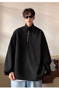 W01P40华夫格立领半拉链卫衣男ins小众设计感金属拉链宽松套头秋图片