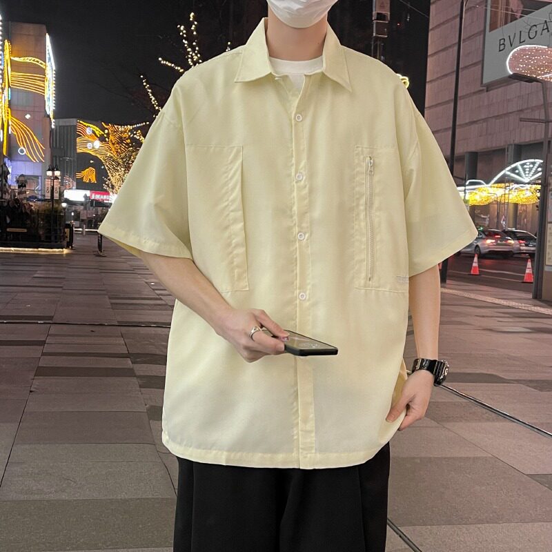 时尚纯色短袖衬衫男士夏季新款宽松简约透气衬百搭上衣CS2239P45,男装衬衫,星座218-1（原230）