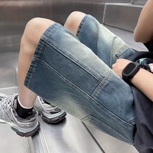 星空纹破洞牛仔短裤男夏季潮牌美式水洗复古中五分裤子DK5041P45图片