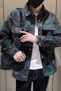 HB332P65翻领标准外穿青春流行ins长袖气质简约潮流男潮印花夹克图片