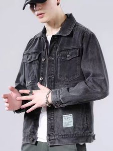 3137P65秋季外套男潮流翻领工装夹克痞帅新款黑色牛仔衣复古修身图片