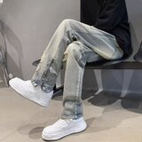 2024春季新款欧美裤子高街潮ins美式叉破洞牛仔裤男拉链裤N279P50，男装牛仔裤，星座218-1（原230）