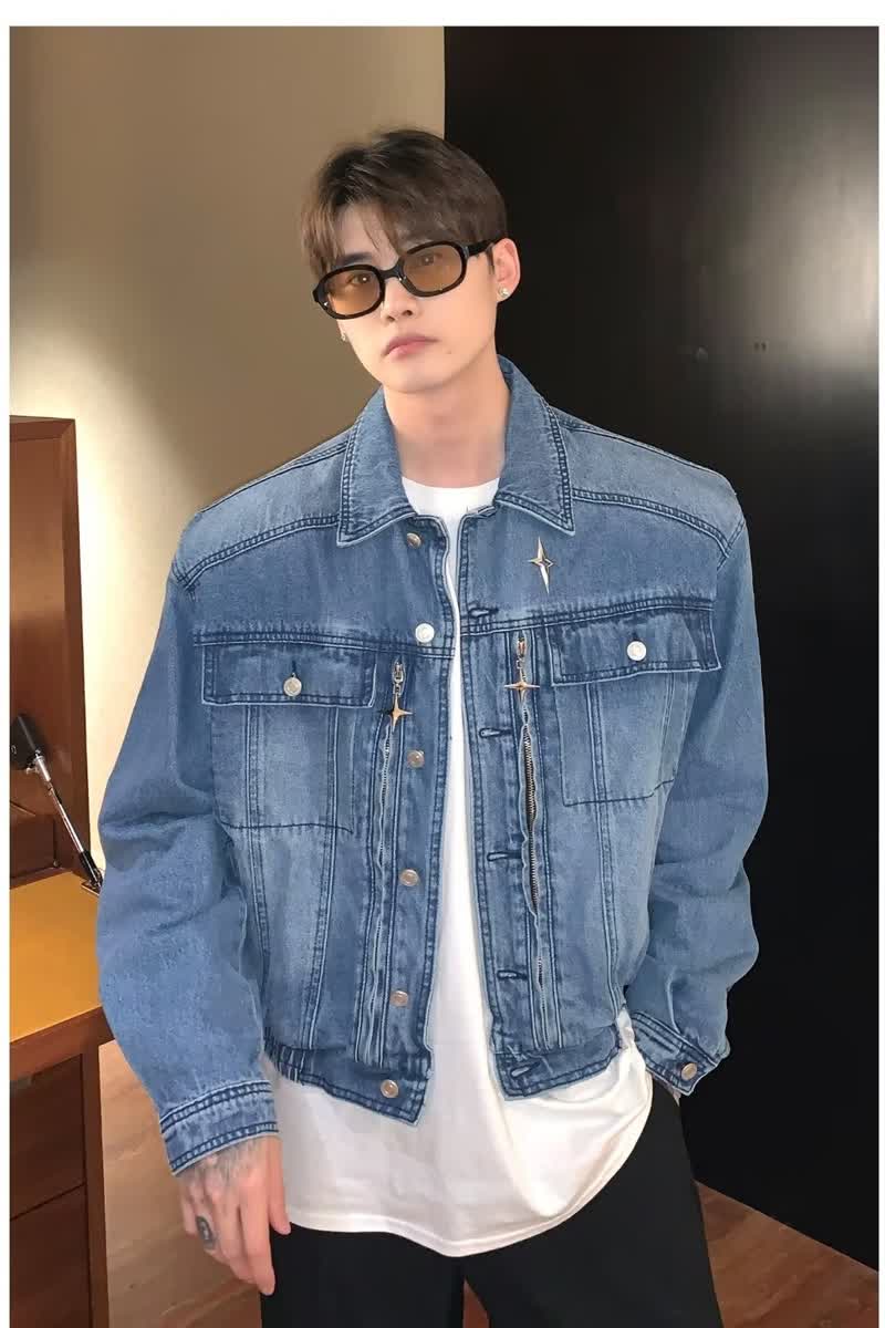 JK59P85秋季新款设计感小众金属垫肩短款牛仔外套男高级感痞帅牛,男装夹克,星座218-1（原230）