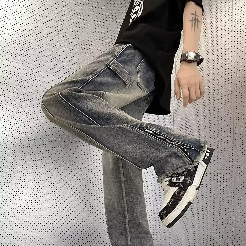 NZ557P55牛仔裤男美式复古欧美高街vibe宽松港风拉链开叉微,男装牛仔裤,星座218-1（原230）