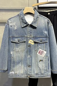 H32P85美式高街复古做旧破洞设计牛仔外套男士秋季潮牌宽松工装图片