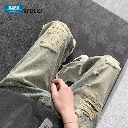 黄泥染假破洞牛仔裤男款水洗高街vibe美式复古裤子毛边微喇直筒裤,男装牛仔裤,星座218-1（原230）