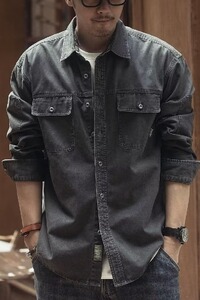 T958P65复古工装男士长袖外套潮牌夹克秋季款宽松猎装牛仔衬衫男图片