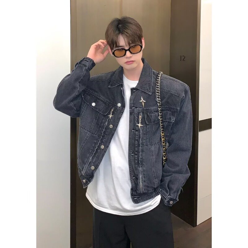 JK59P85秋季新款设计感小众金属垫肩短款牛仔外套男高级感痞帅牛,男装夹克,星座218-1（原230）