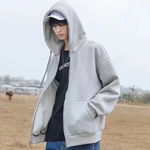 T285P28纯色拉链卫衣男连帽开衫潮牌宽松运动外套男春秋潮流上衣图片