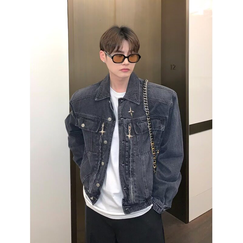 JK59P85秋季新款设计感小众金属垫肩短款牛仔外套男高级感痞帅牛,男装夹克,星座218-1（原230）