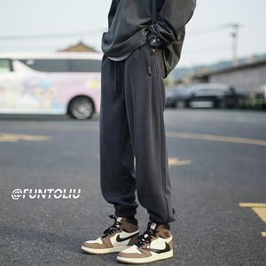 WK028P35重磅卫裤男生秋冬季简约美式垂感运动束脚休闲长裤子男款图片