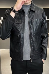 A25P80秋季2024新款水洗皮衣男士休闲翻领PU皮夹克男装修身韩版