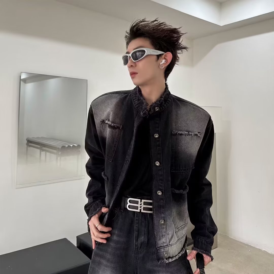 W03P65式复古水洗牛仔外套男款秋季设计感渐变立领夹克发型师潮牌,男装夹克,星座218-1（原230）