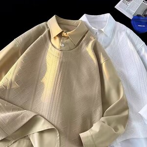 s15p50春季新款学院风休闲纯色套头拼接假两件男士宽松长袖衬衣图片