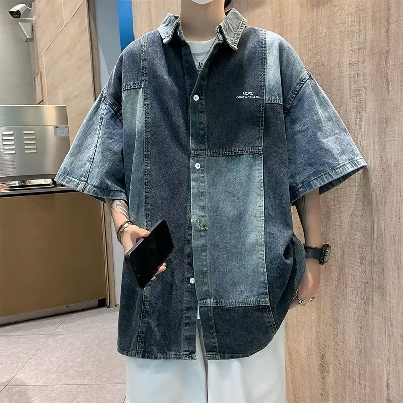 C01P55美式撞色拼接情侣款牛仔短袖衬衫男女夏季ins宽松高级感痞,男装衬衫,星座218-1（原230）