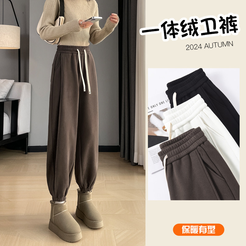 韩版冬季加绒宽松拼结束脚哈伦裤女百搭卫裤松紧腰抽绳休闲靴裤潮