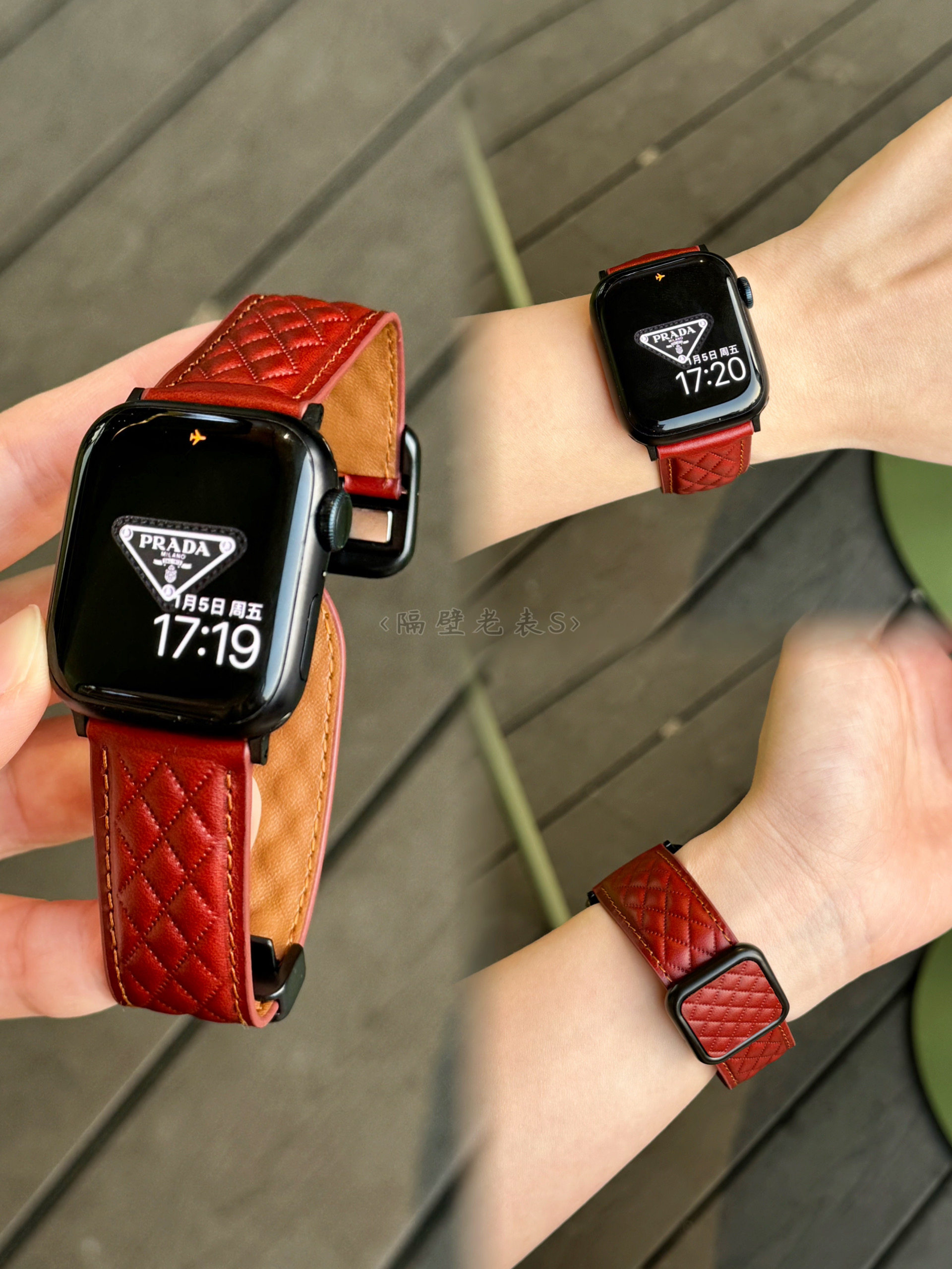 适用苹果手表带Apple watchS11菱形磁吸方扣头层牛皮iwatch98高级